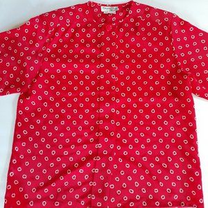 Vintage 80s Blouse Red Oscar de la Renta Geometric Long Sleeve Shoulder Pads 16